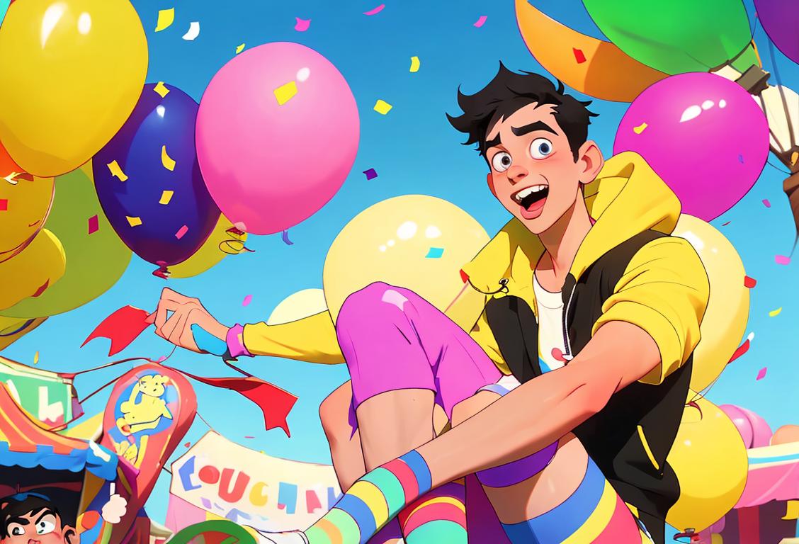 Young man wearing mismatched socks, goofy expression, surrounded by colorful balloons and confetti, outdoor carnival atmosphere..