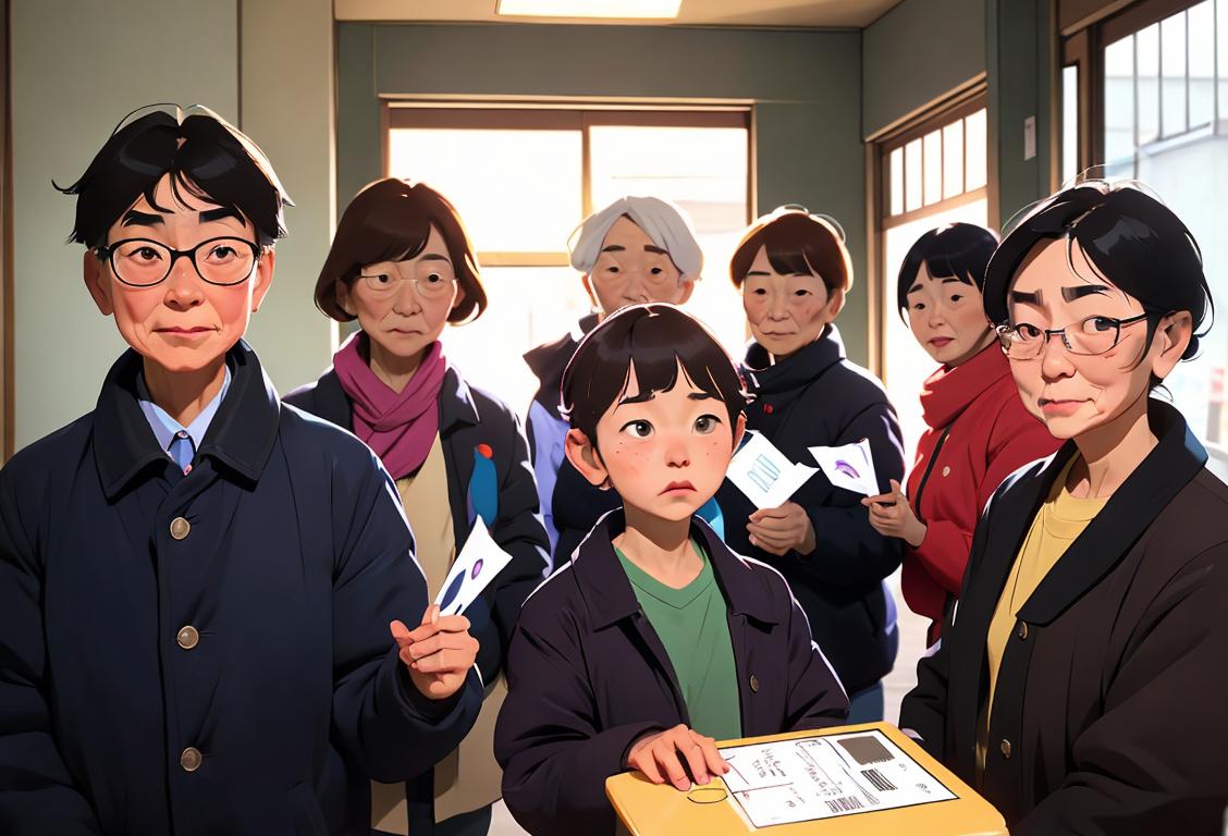 A diverse group of people of all ages, dressed in casual attire, casting their votes at a polling station in Kawaguchi City..