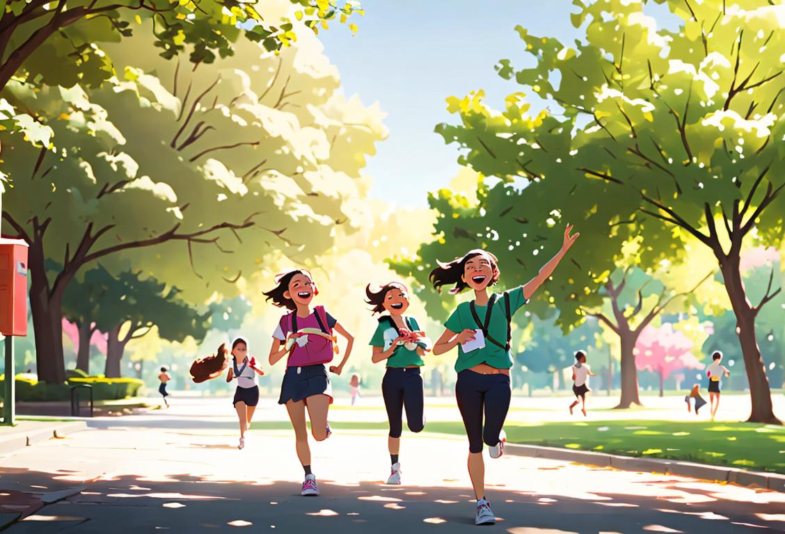 Giddy students running through a sunny park, backpacks flung over their shoulders, dressed in casual, carefree attire, surrounded by nature and laughter..