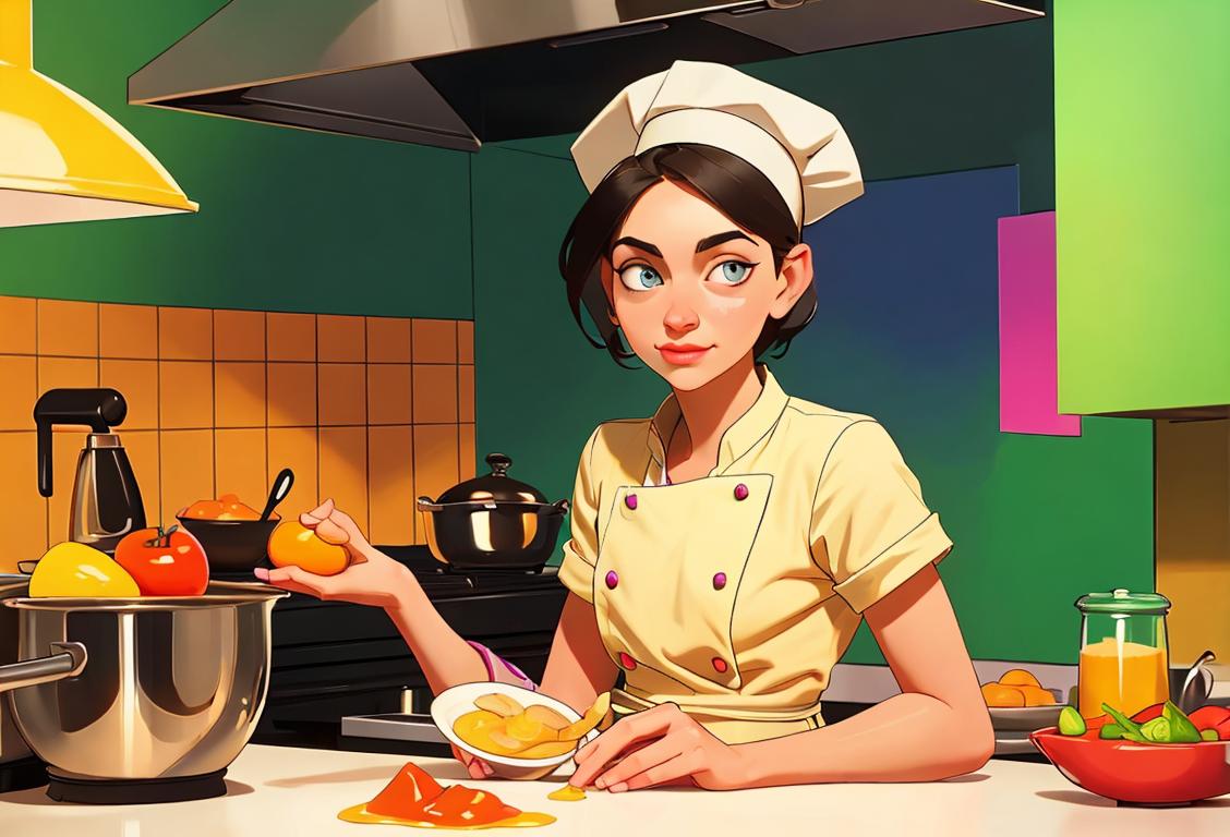 Young person mixing ingredients in a colorful kitchen, wearing a chef's hat, vibrant and modern kitchen decor..