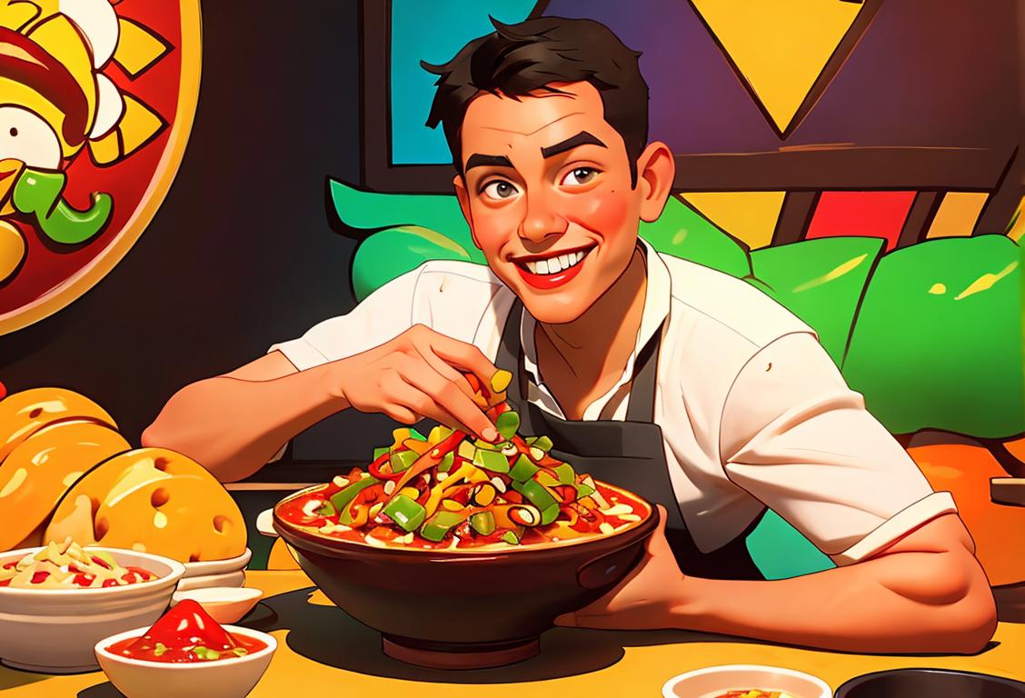 Spicy bowl of chili with vibrant toppings, surrounded by Mexican-inspired decor, and a smiling cook wearing a colorful apron..