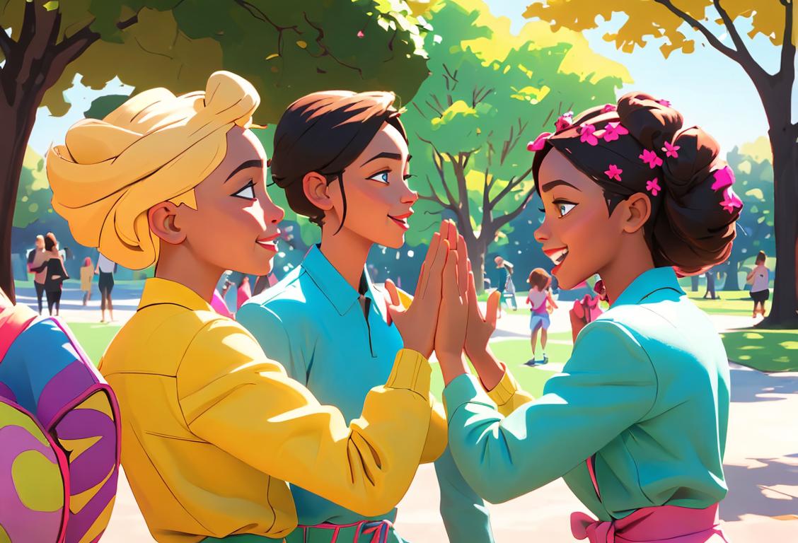 Happy diverse group of people giving each other high fives, wearing colorful and fashionable clothing, in a sunny park setting..