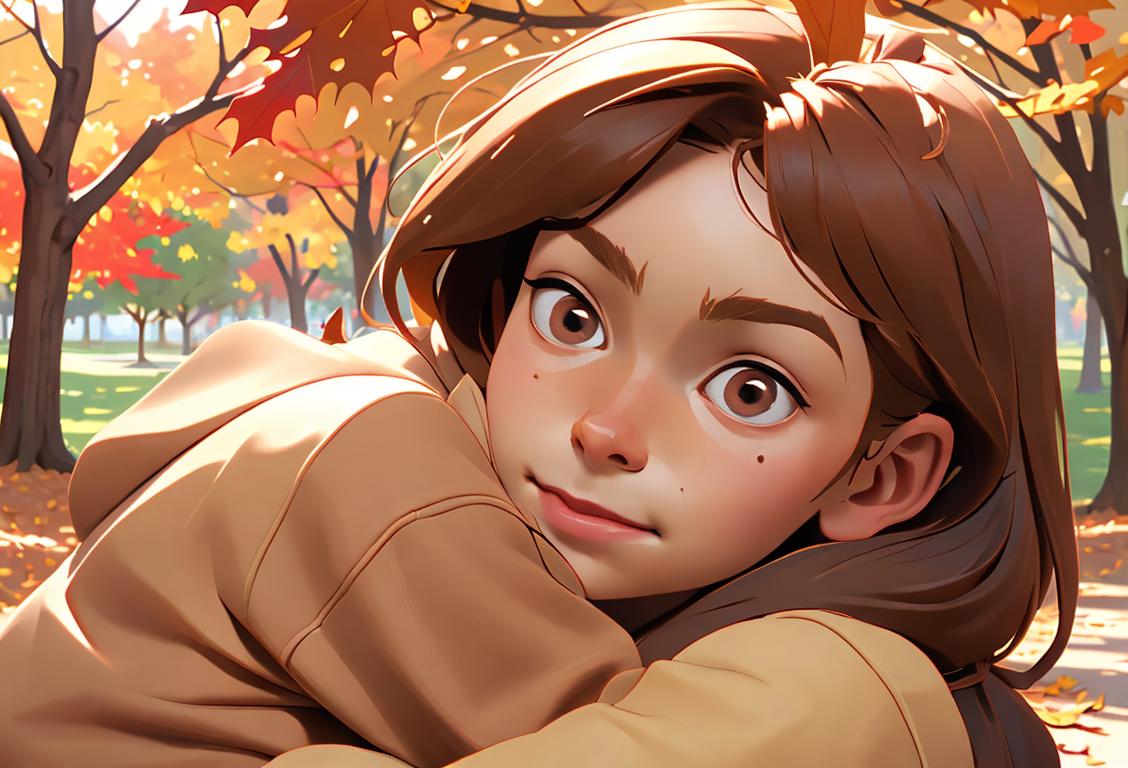 Young person hugging a granola bar, wearing a cozy sweater, autumn park scene with fallen leaves..