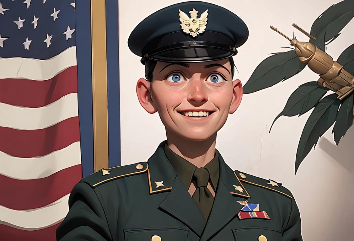 Former prisoner of war with a courage-filled smile, wearing military attire, standing in front of an American flag backdrop..