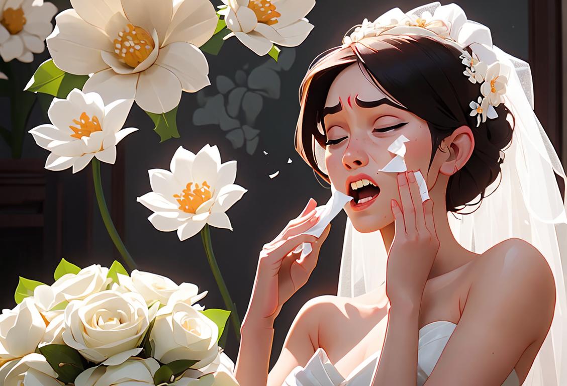 An image of a beautiful bride in a wedding dress, holding a tissue and sneezing, surrounded by floral decorations and a surprised groom..