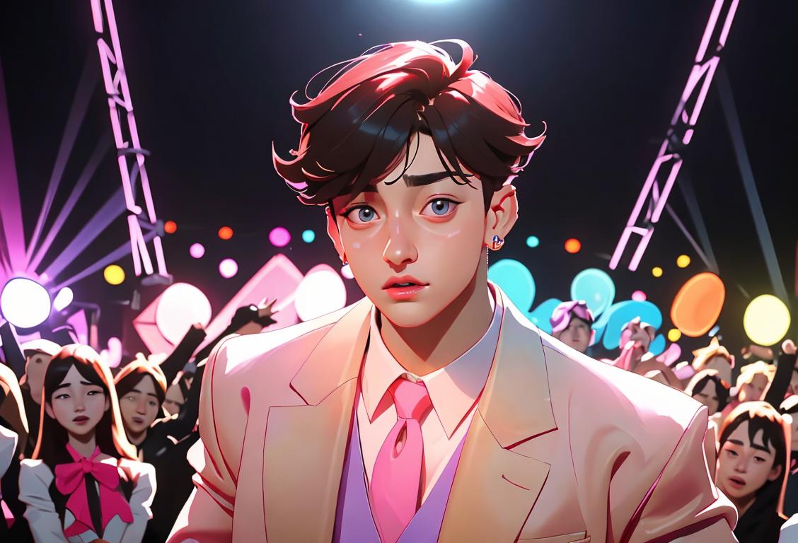 Jungkook surrounded by adoring fans, wearing a stylish outfit, K-pop concert stage, vibrant lights..