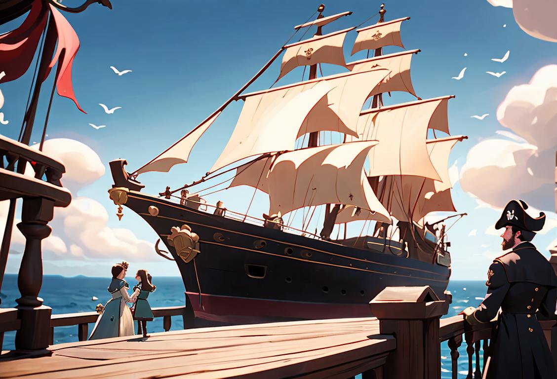 A couple dressed as pirates, standing on a ship's deck, surrounded by magical elements and symbols of love..