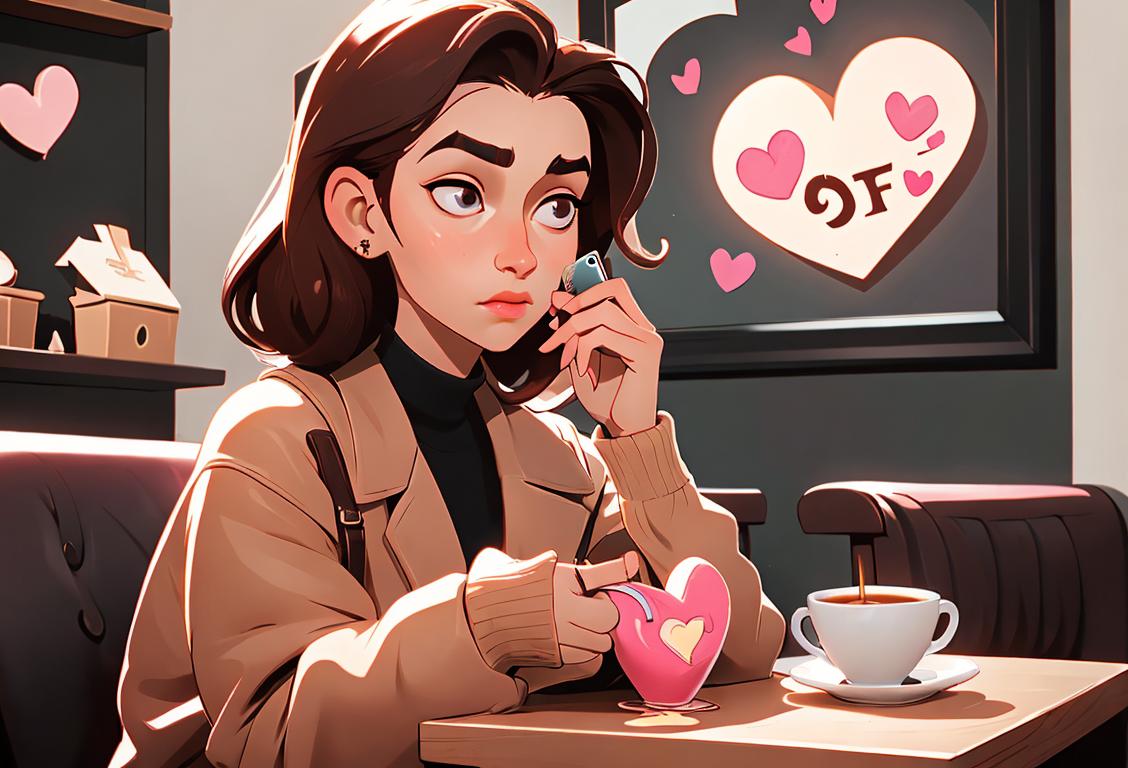 A young person nervously holding their phone, wearing a fashionable outfit, sitting in a cozy coffee shop with a heart-shaped latte art in the background..
