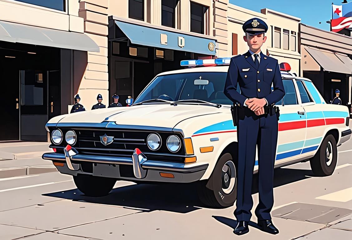 Young police officer in uniform, standing in front of a police car, American flag in background, sunny city setting..