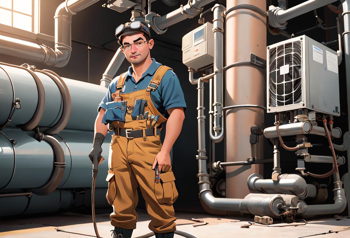 An HVAC technician wearing a tool belt and safety goggles, standing in front of an industrial cooling unit..
