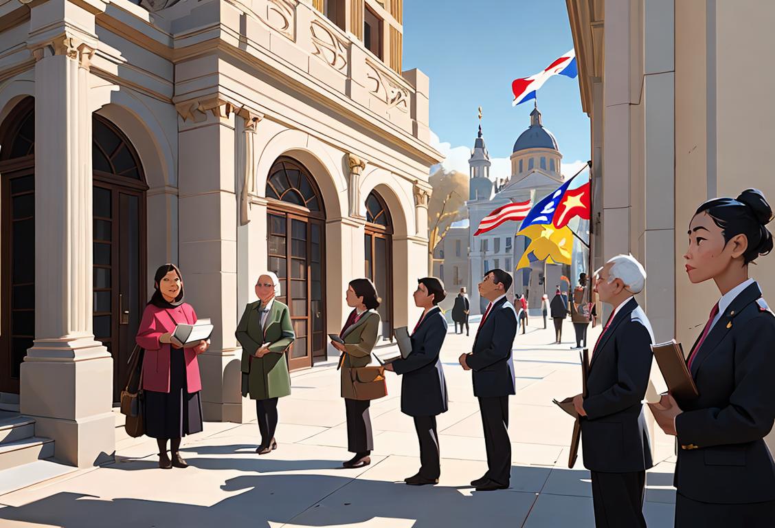 Picture a diverse group of people of different ages and ethnicities, holding books and posters, standing outside a governmental building adorned with flags..