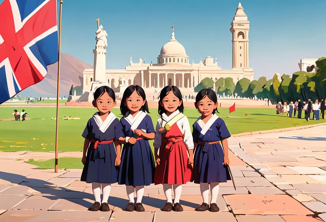 Happy kids holding their national flag tightly, wearing their traditional attire, surrounded by iconic national landmarks..