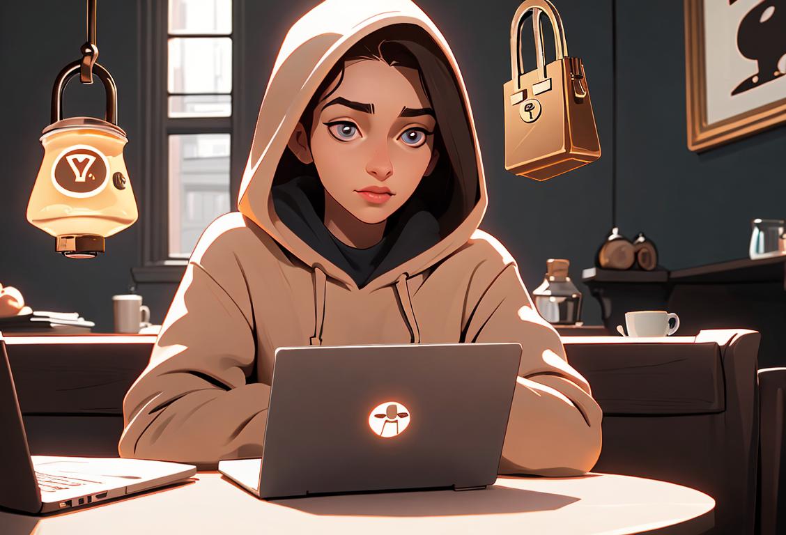 Young woman on a laptop with a padlock symbol, wearing a hoodie, cozy coffee shop setting..