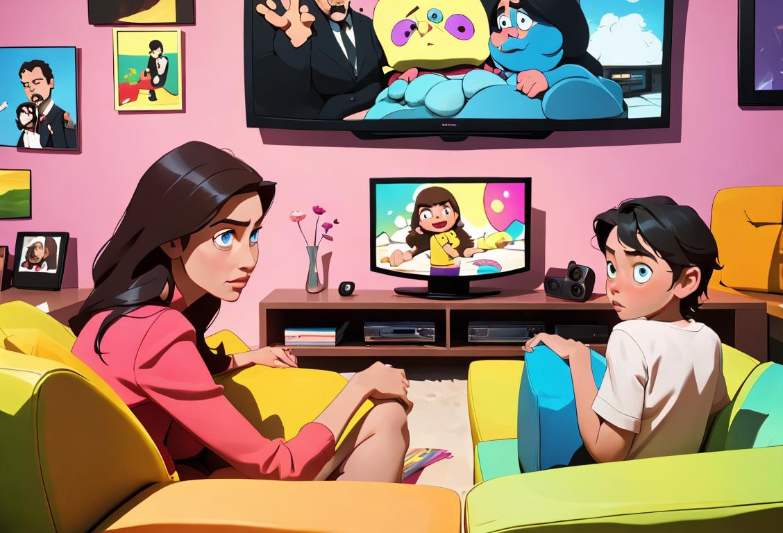 A family sitting on a colorful couch, surrounded by various types of television screens, showcasing different genres of shows and movies..