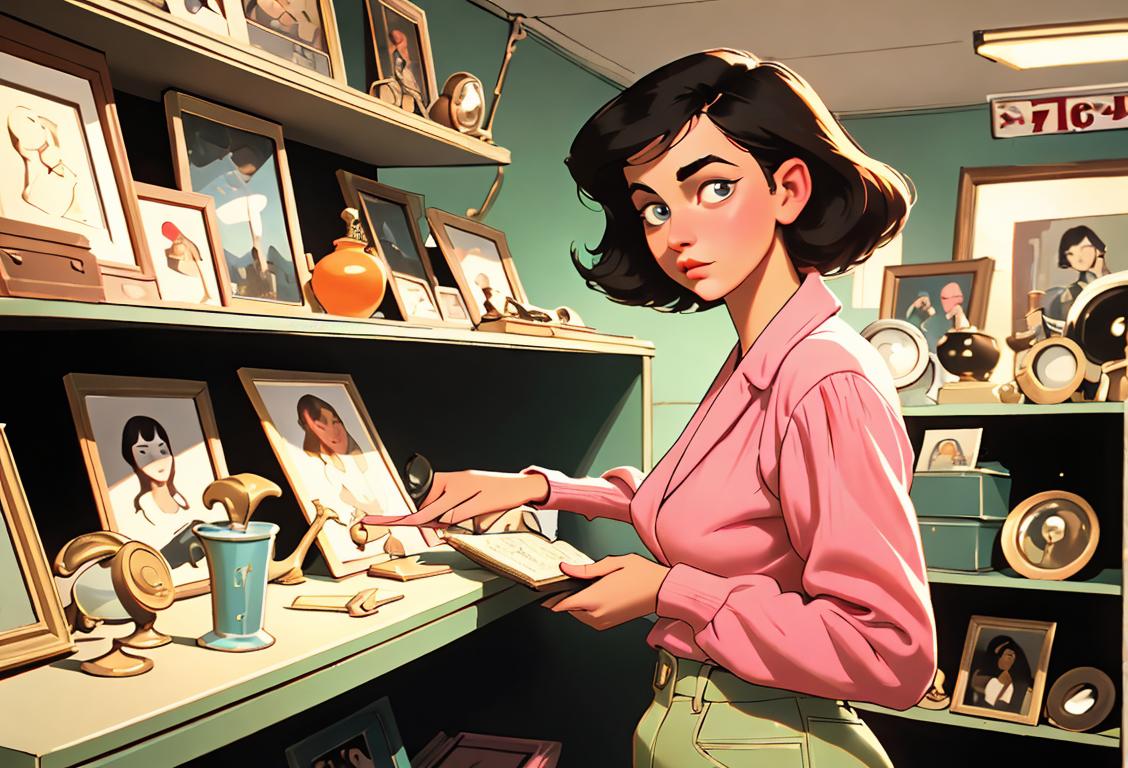 A young woman browsing through a vintage thrift store, sporting retro clothing, 70s fashion vibes, surrounded by racks of second hand treasures..