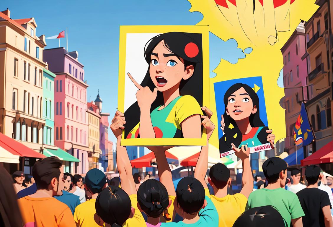 A diverse group of people holding colorful posters, wearing t-shirts representing various causes, in a bustling city square filled with excitement..