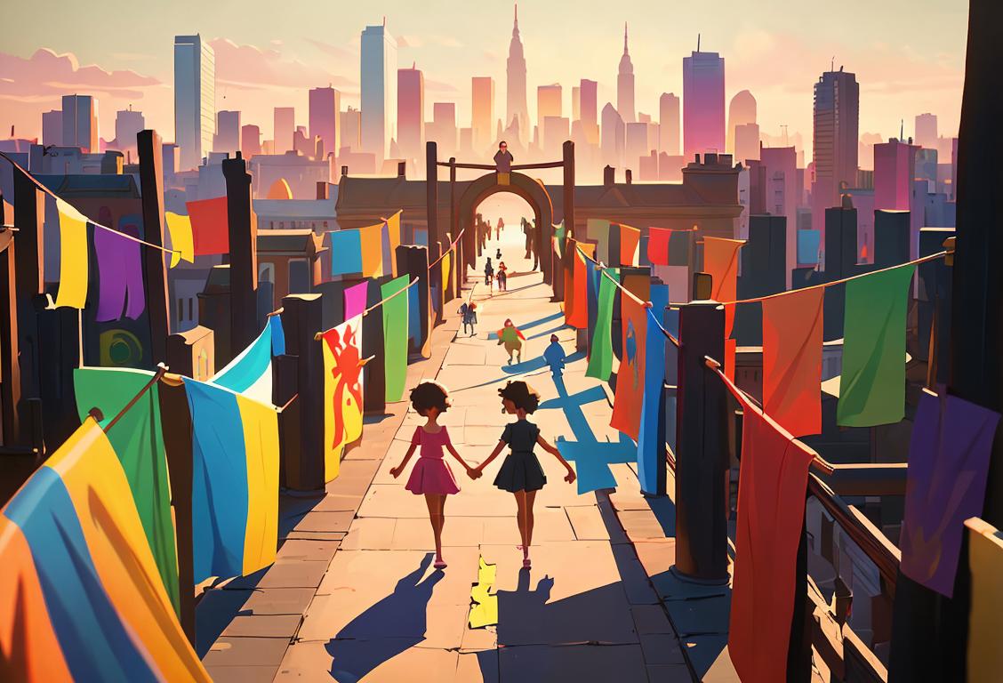 A diverse group of people holding hands, surrounded by colorful banners depicting symbols of hope and unity, against a vibrant city skyline backdrop..