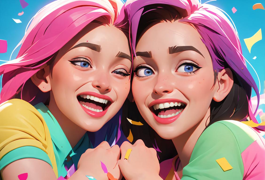 Close-up of two best friends laughing together, wearing matching friendship bracelets and surrounded by colorful confetti..