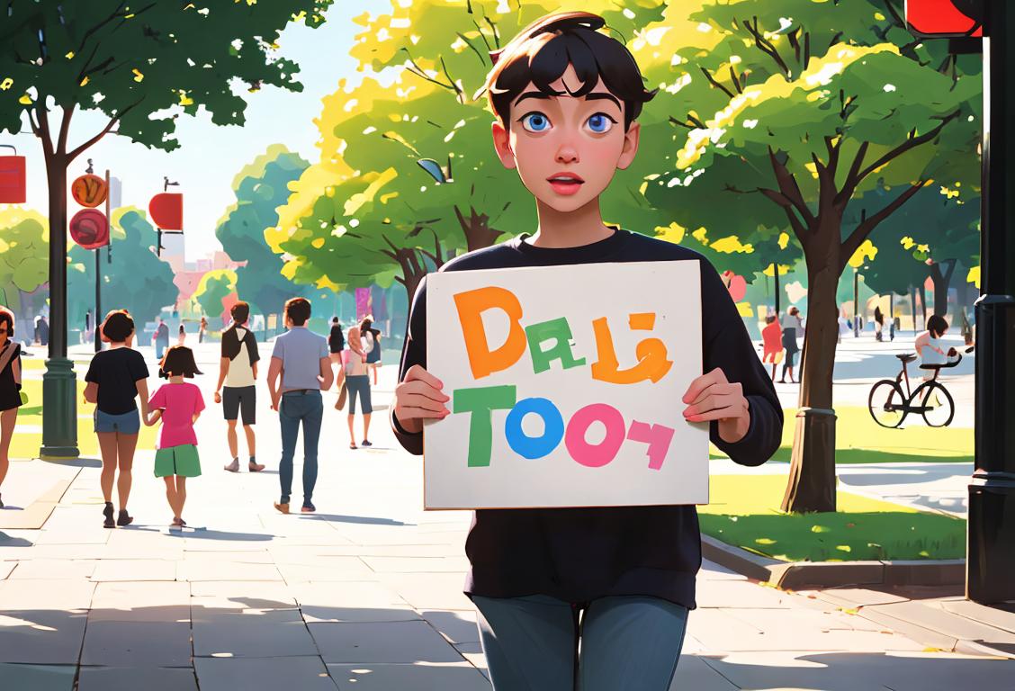 Young person wearing casual clothes, holding a sign saying 'Total Every Day', surrounded by diverse group of people in a vibrant city park..