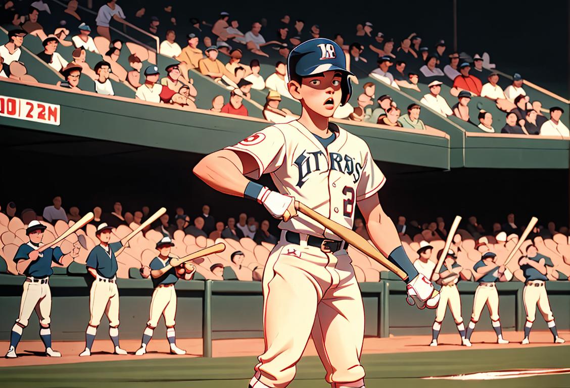 Sporty young man wearing a vintage jersey, holding a baseball bat, standing in a stadium filled with cheering fans..