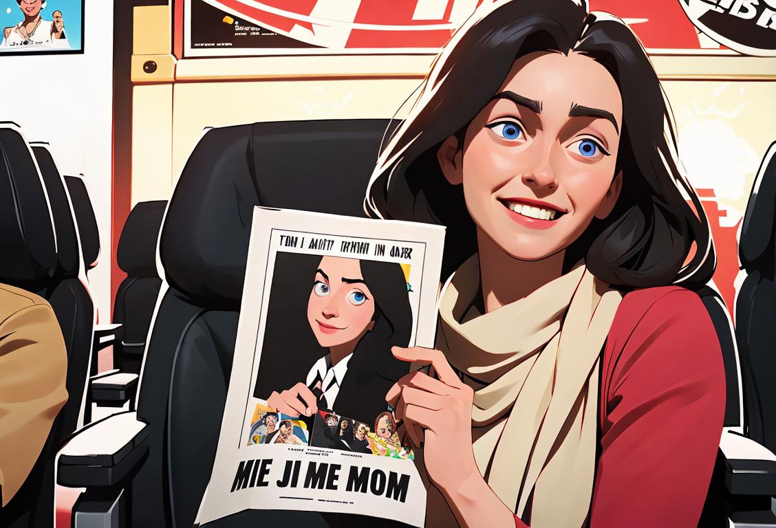 Smiling woman holding a lottery ticket, wearing a film reel necklace, surrounded by movie posters and cinema seats..