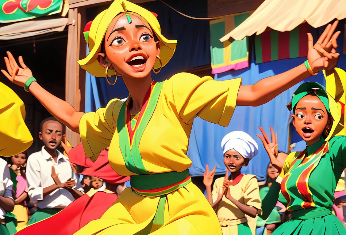 A joyful group of people wearing traditional Ethiopian clothing, dancing and celebrating in a bustling market square..