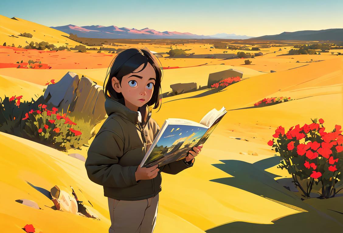 A young explorer holding a copy of National Geographic magazine, wearing a watch, ready to uncover the mysteries of time in a diverse landscape..