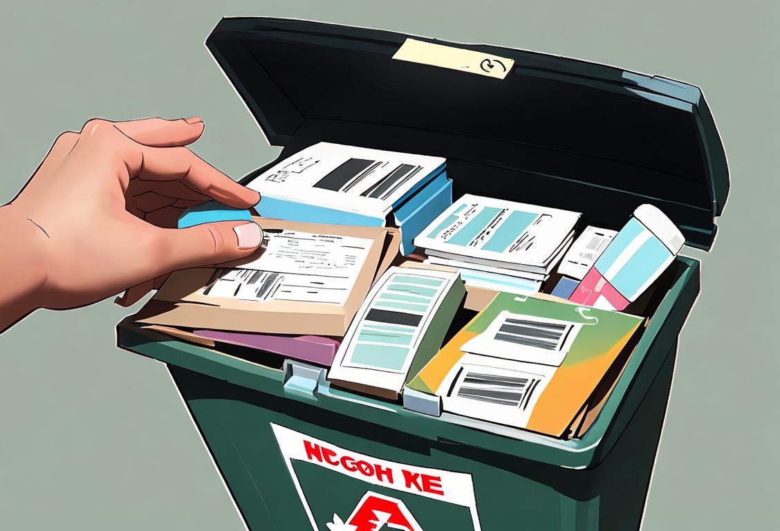 A person holding a carton of expired prescription medications, dressed casually, with a background filled with recycling bins and eco-friendly symbols..