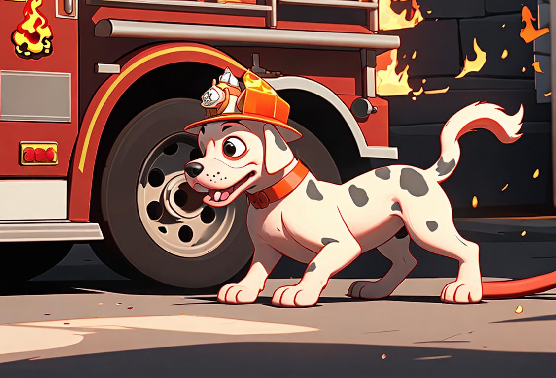Cute Dalmatian puppy wearing a firefighter hat, surrounded by fire trucks and fire hydrants, city park setting.