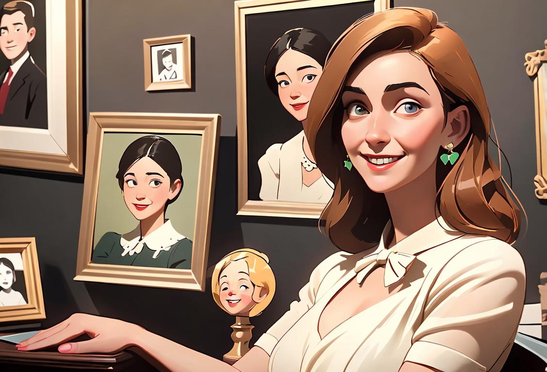 Smiling young woman holding a sign with her mother's maiden name, surrounded by family photos and wearing a vintage dress in a cozy living room..