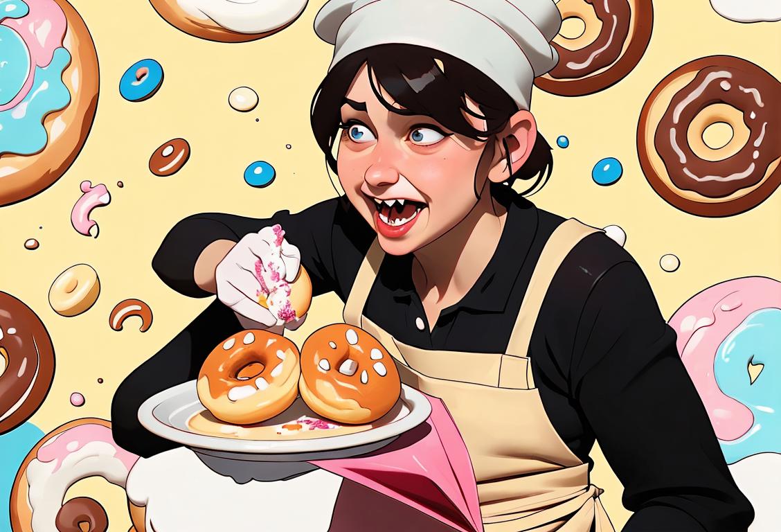 Excited person biting into a paczki, wearing a colorful apron, baker's hat, surrounded by sprinkles and powdered sugar..