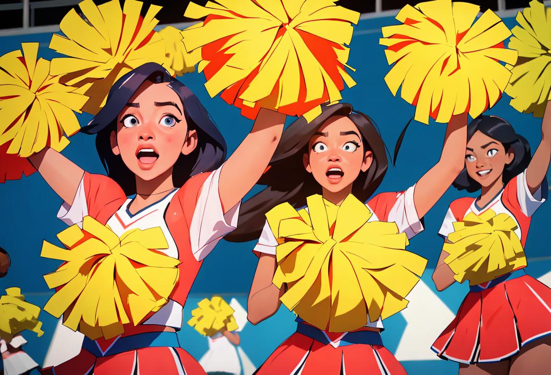 A group of enthusiastic individuals on a sideline, wearing team jerseys, vibrant colors, cheerleading routines, and a lively stadium atmosphere..