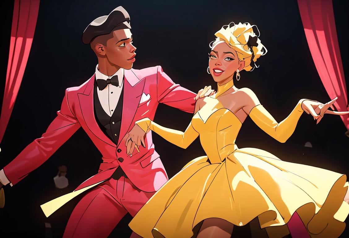 A happy couple, dressed in stylish outfits, dancing energetically on a stage decorated with Jayonce-themed props..