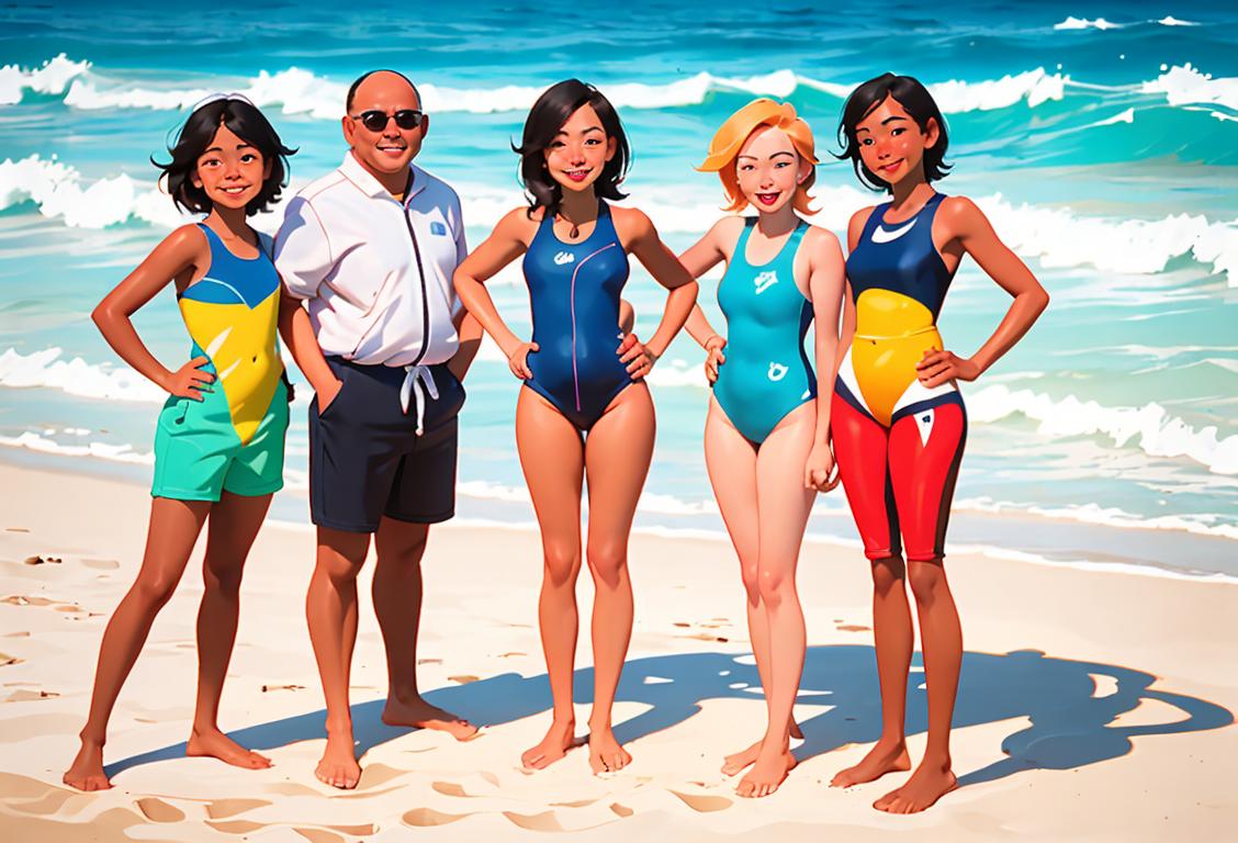Cheerful group of people at the beach wearing stylish and diverse swimsuits, enjoying the sun and water activities..