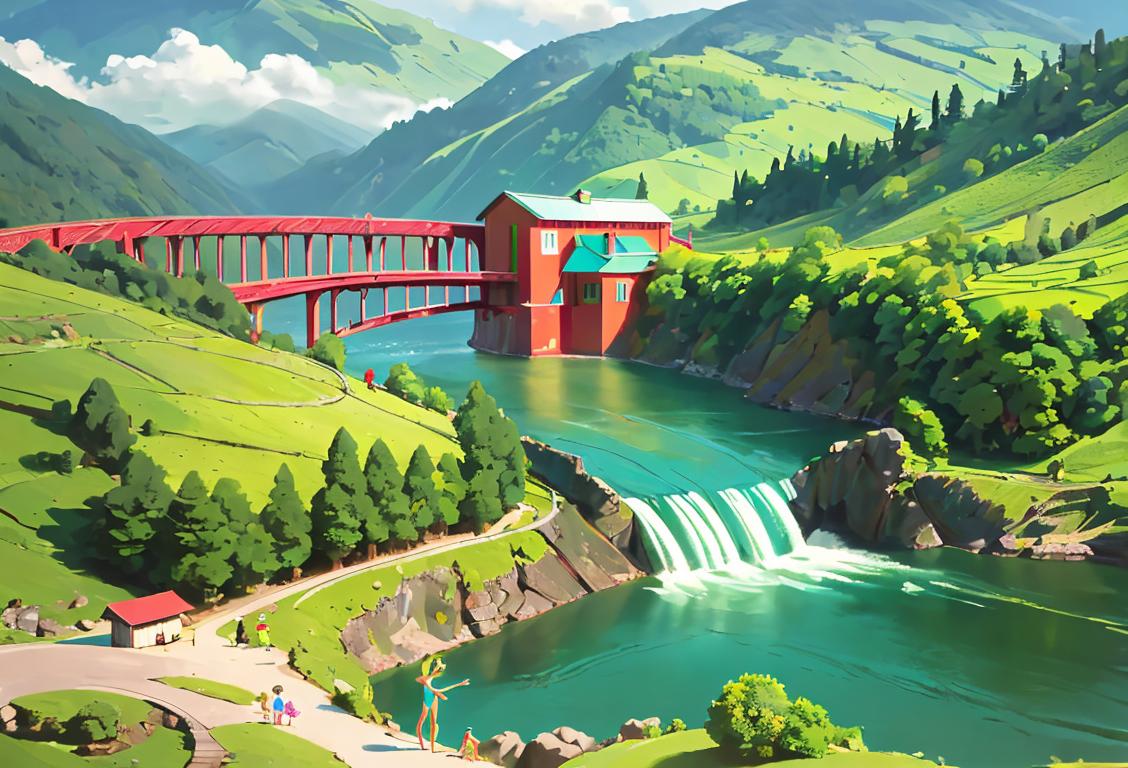 A joyful family standing on a picturesque dam, wearing colorful swimsuits, with a backdrop of lush green mountains and a turbine in the foreground..