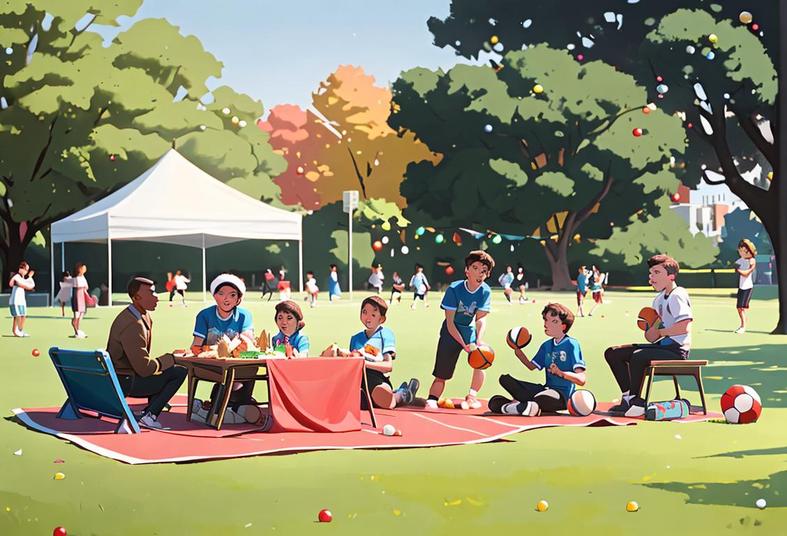 A group of diverse individuals named Connor, enjoying a festive picnic in a park, wearing casual clothing, surrounded by sports equipment and a memorial display..