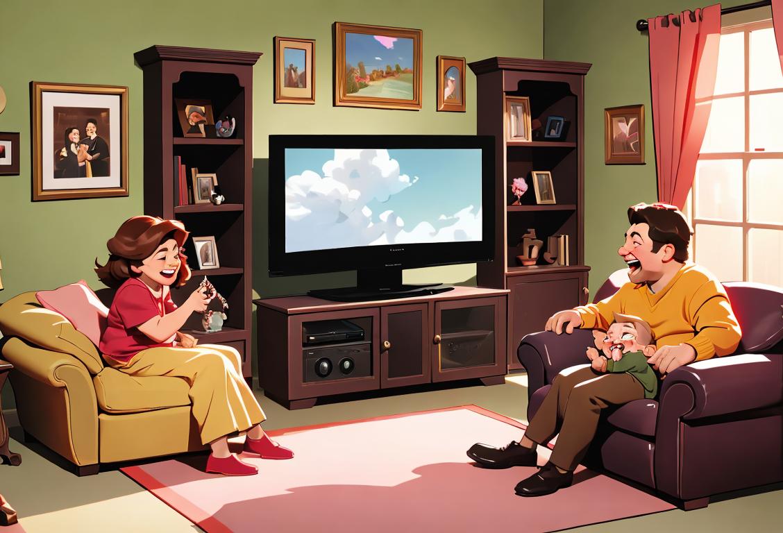A family gathered around a television set, laughing and enjoying a heartwarming sitcom together in a cozy living room..
