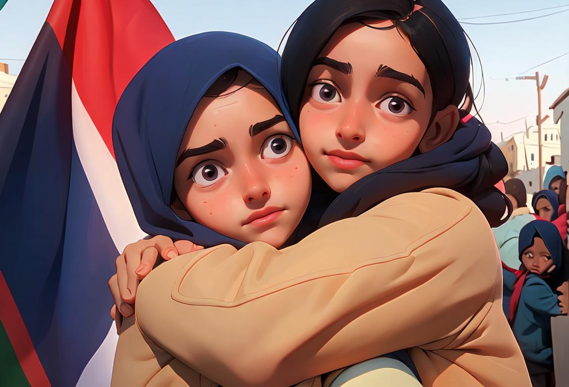 Young person embracing a refugee, wearing a warm cozy sweater, multicultural city background, with flags representing different countries..