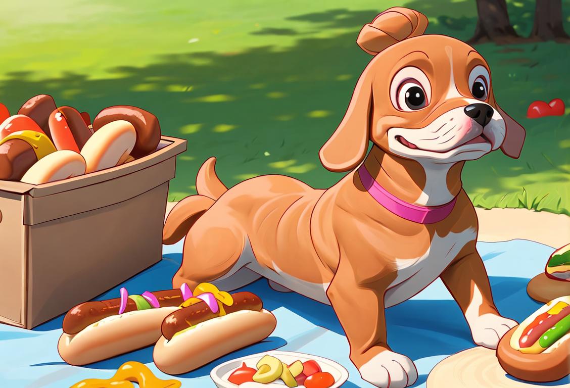 Happy dog wearing a bun costume, surrounded by a picnic scene with people enjoying hot dogs and playing fetch..