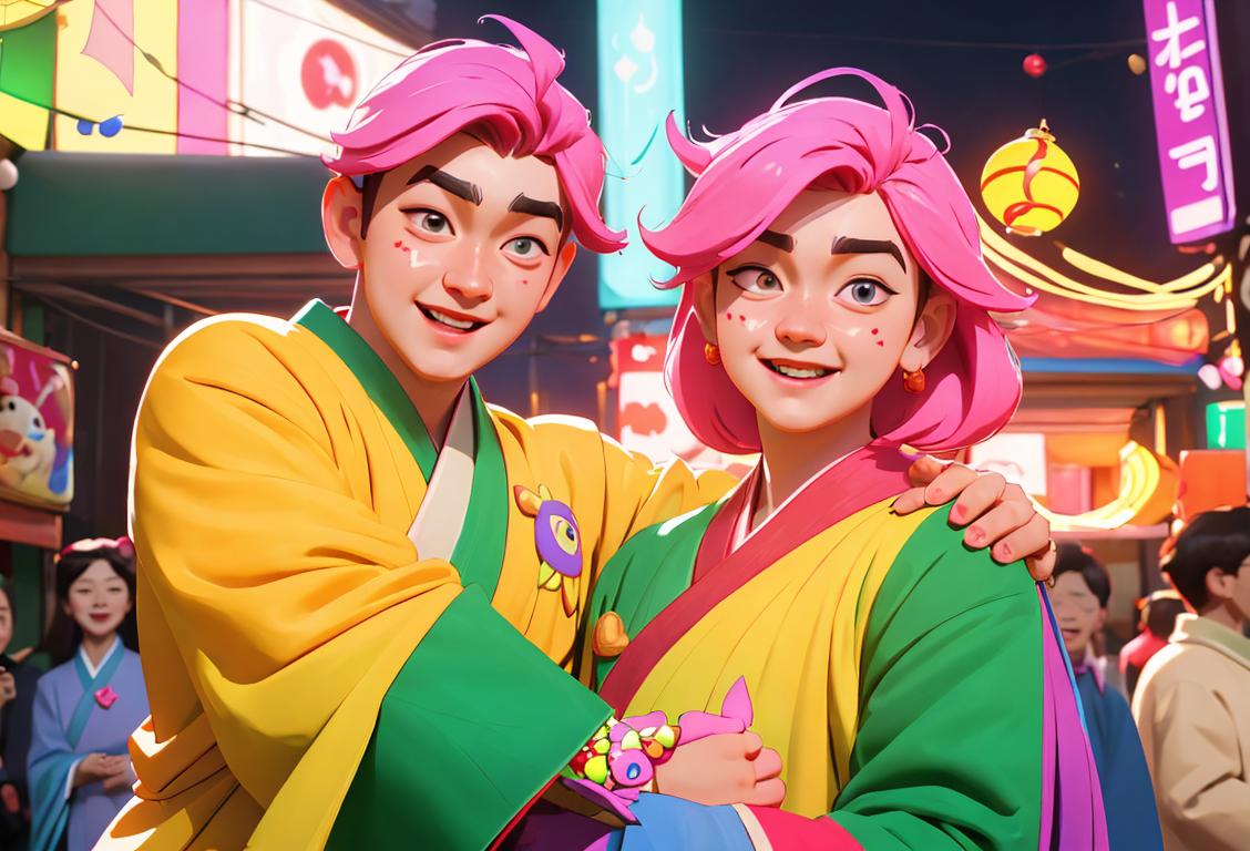 A joyful person with a baekren costume, wearing colorful clothing, surrounded by a festive Korean street scene..