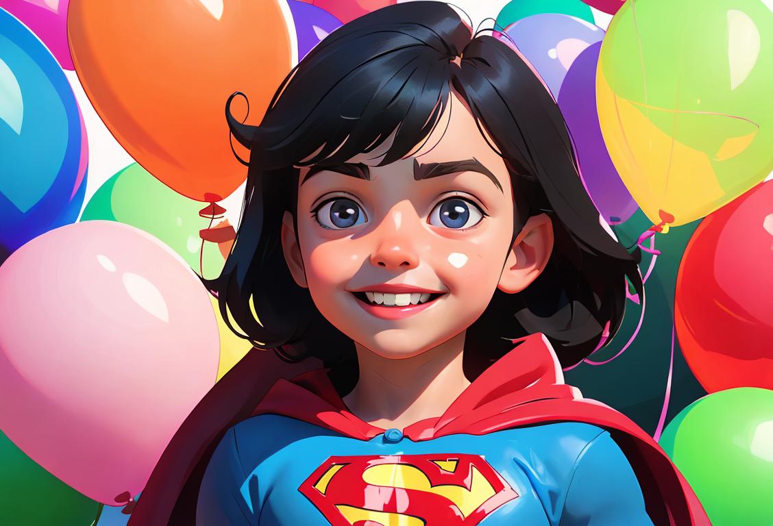 Portrait of a young child with a big smile, wearing a superhero cape, surrounded by colorful balloons..