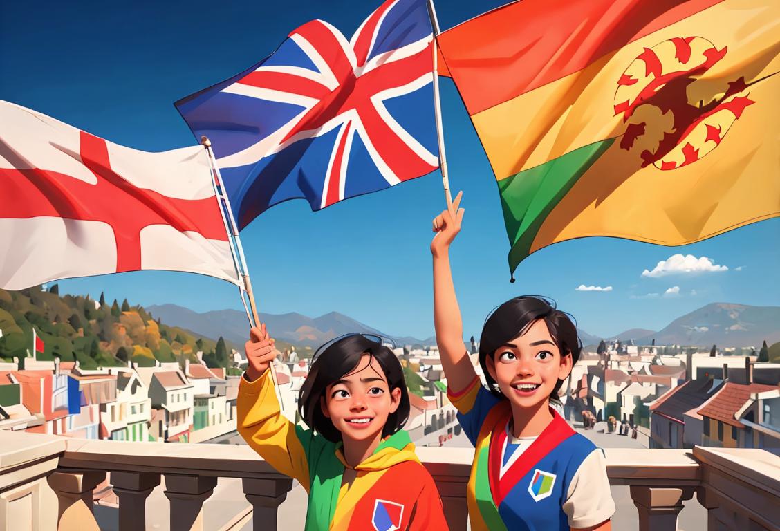 Family of diverse individuals, dressed in their national flag colors, showcasing unity, smiles and a beautiful city landscape in the background..
