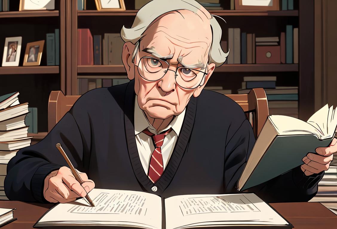 An older person with a grumpy expression, wearing a cardigan, classic reading glasses, sitting in a cozy library with books..