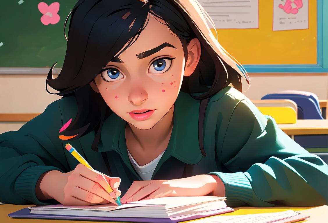 Teen girl holding a book, studying with friends, wearing school uniform, in a colorful and vibrant classroom setting..