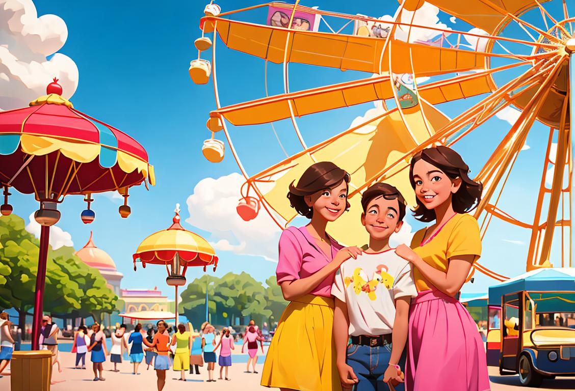 Happy family enjoying a sunny day at a vibrant national mall, wearing colorful summer outfits, with a Ferris wheel and carousel in the background..