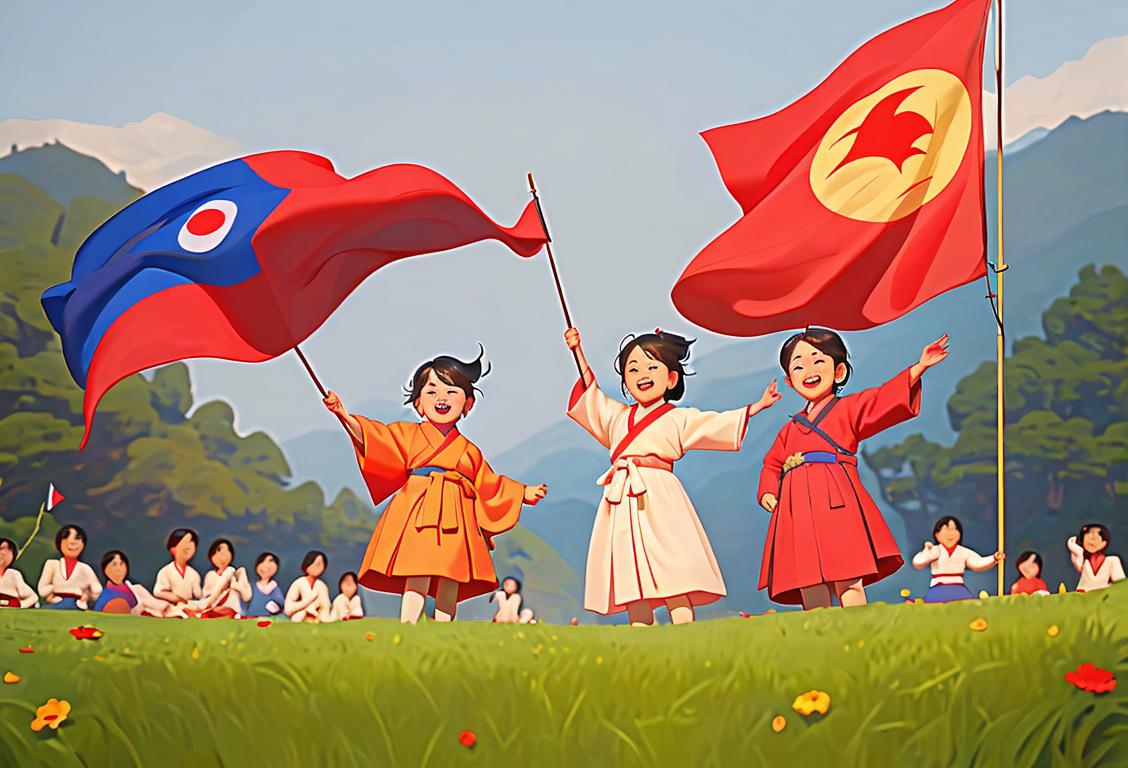 Joyful children waving Korean national flag, wearing traditional hanbok clothing, against a backdrop of historic landmarks and nature..