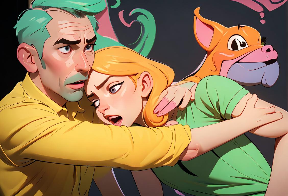 Illustration of someone performing the Heimlich maneuver on a choking person, wearing casual clothing, modern urban setting..