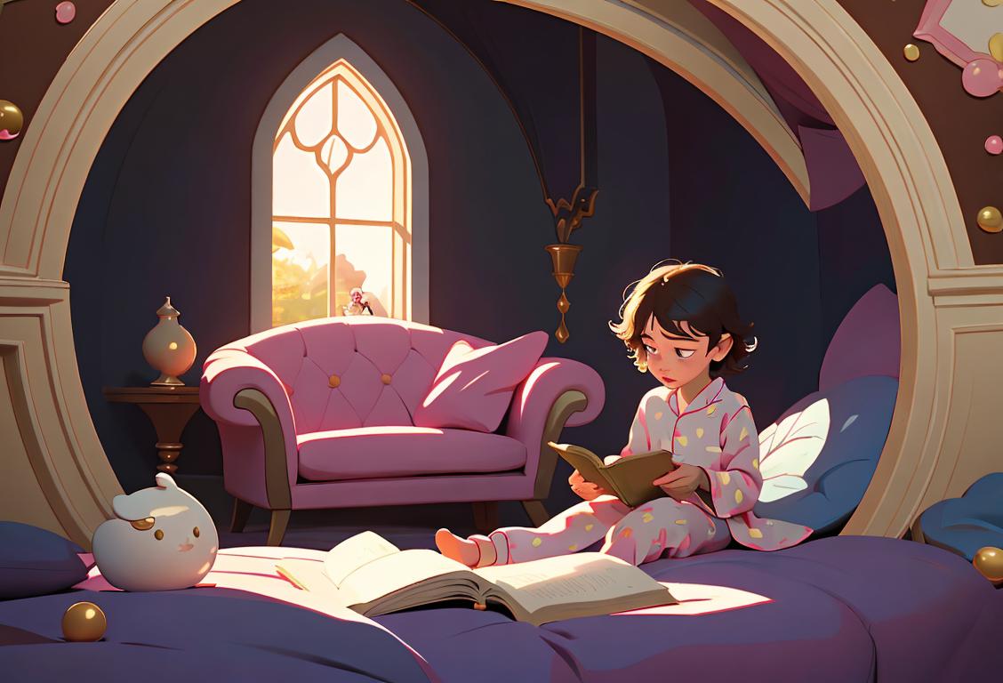 Exciting image prompt for National Story of the Day: Young child sitting in a cozy reading nook, wearing pajamas, surrounded by fairy tale books, magical forest scene..