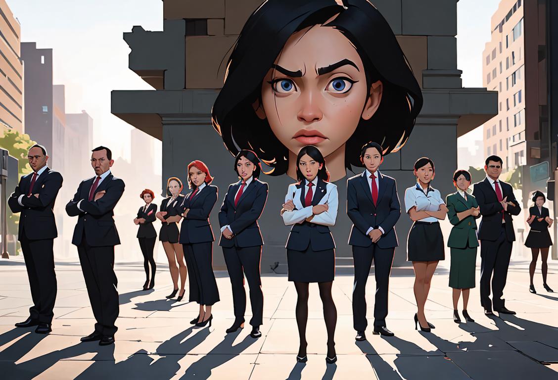 A diverse group of people standing united against various pressures, displaying determination and strength. (Business attire, urban setting).