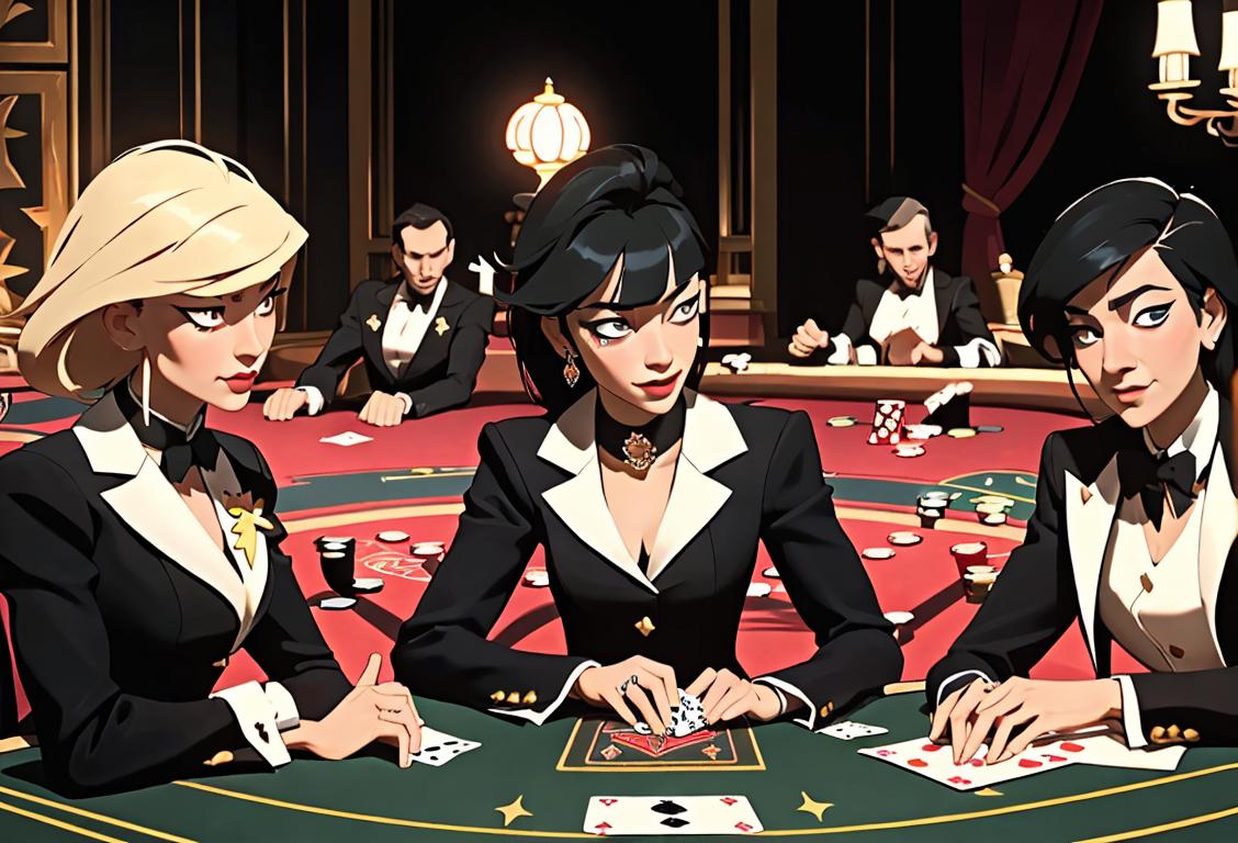A group of people sitting around a table, dressed in elegant attire, cheering and holding playing cards, with a Las Vegas casino setting..